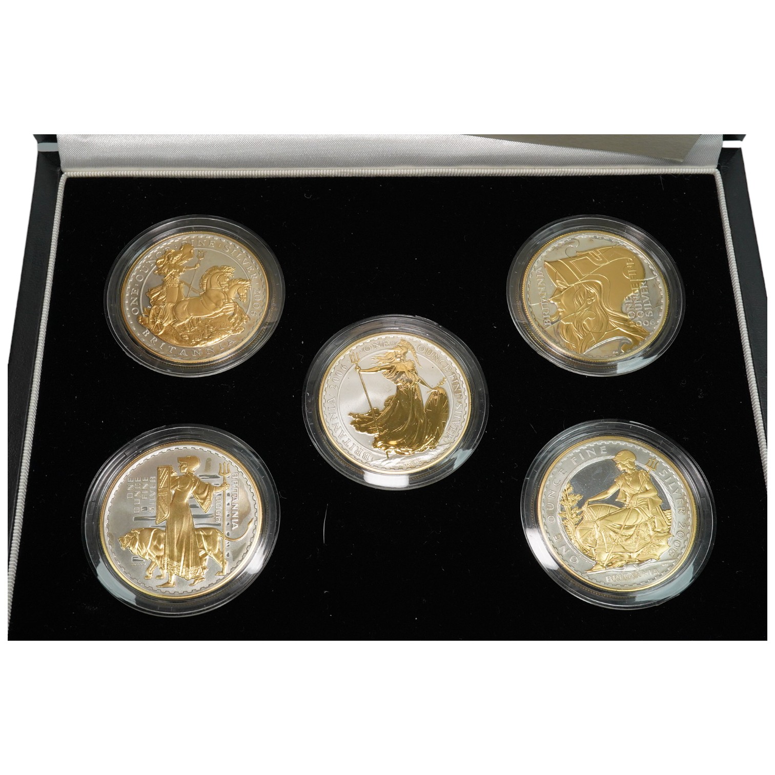 Royal Mint UK QEII coins, 2006 Britannia golden silhouette collection, a set of five proof silver and parcel gilt 1oz. Britannia coins, in case of issue with certificate